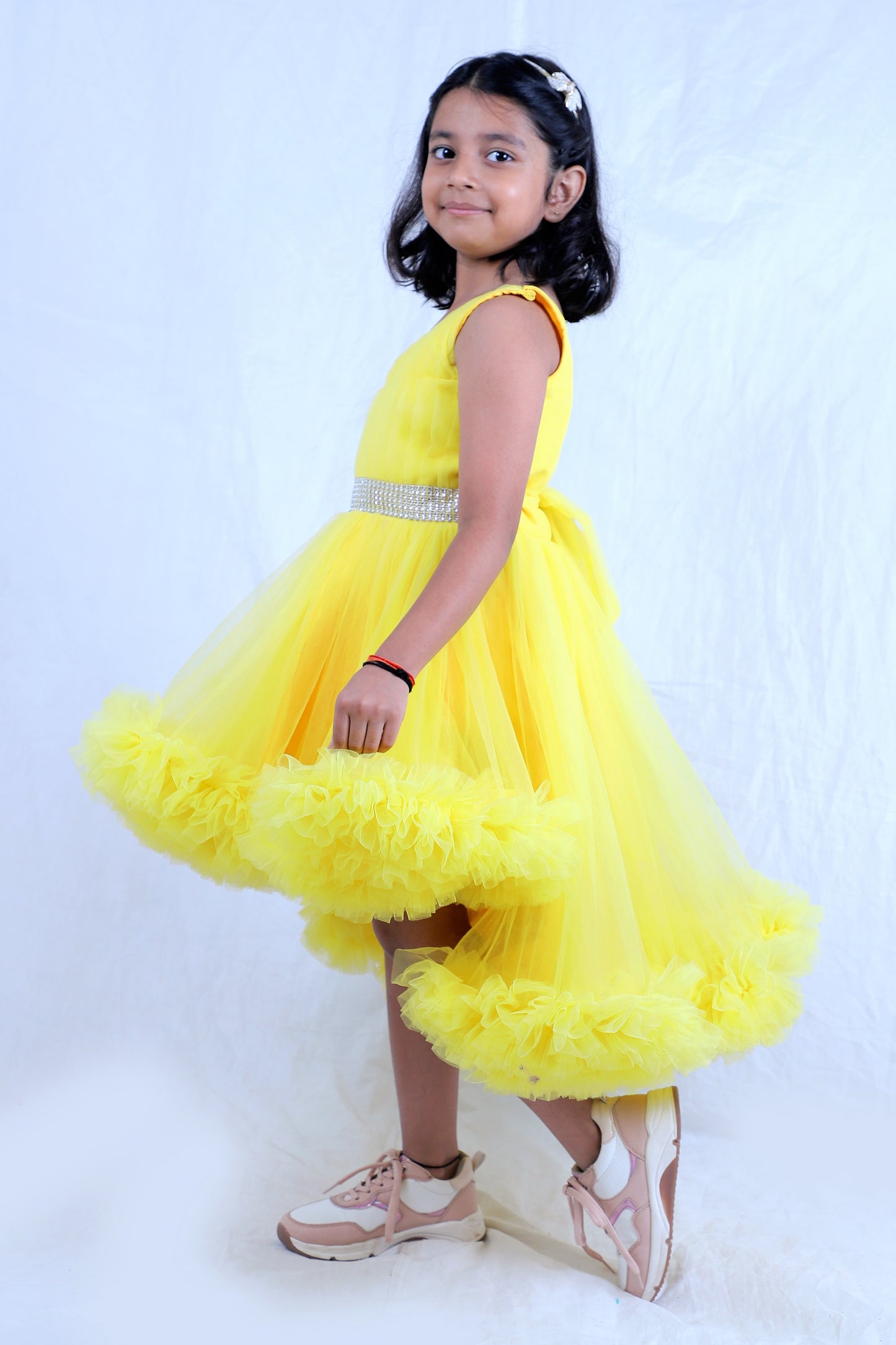 Sunshine Yellow One-Shoulder Ruffle Party Dress for Girls