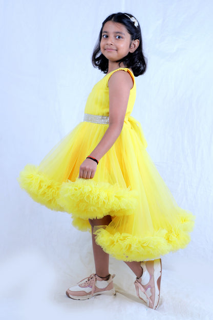Sunshine Yellow One-Shoulder Ruffle Party Dress for Girls