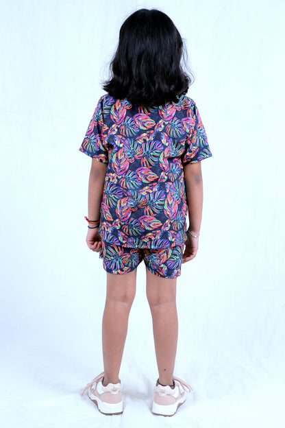 Girls Tropical Leaf Printed Co-Ord Shirt & Shorts Set