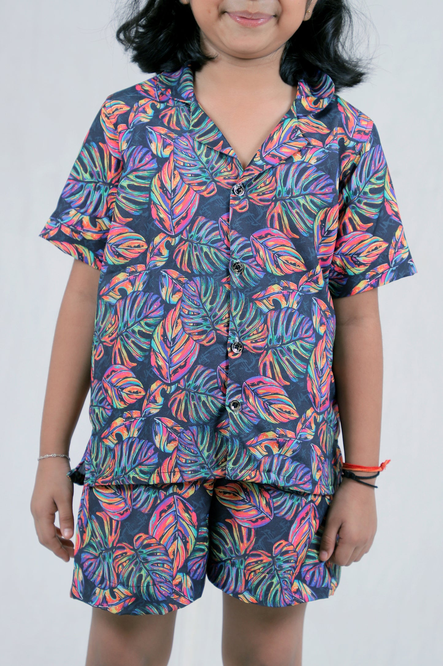 Girls Tropical Leaf Printed Co-Ord Shirt & Shorts Set