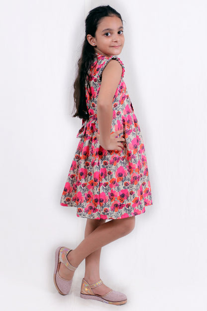 Girls Pink Floral Printed Casual Cotton Dress