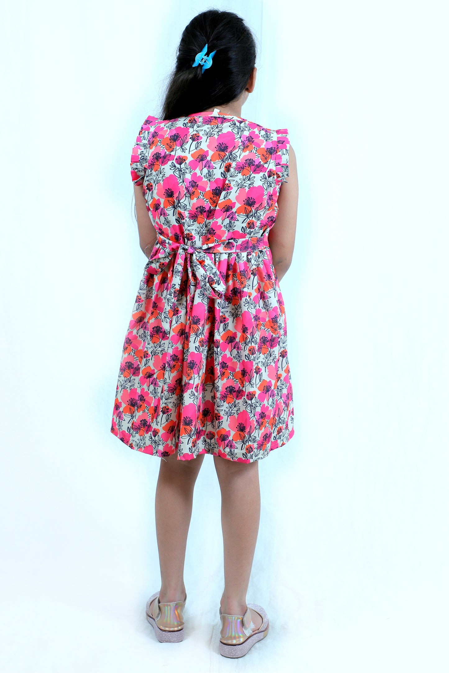 Girls Pink Floral Printed Casual Cotton Dress