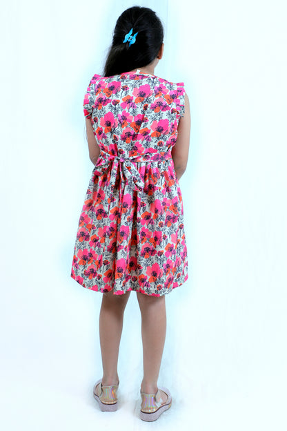 Girls Pink Floral Printed Casual Cotton Dress