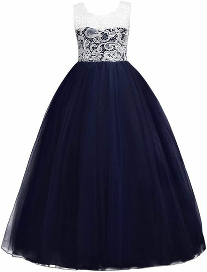 Girls Navy Blue Princess Party Gown with White Lace Bodice & Flared Tulle Skirt