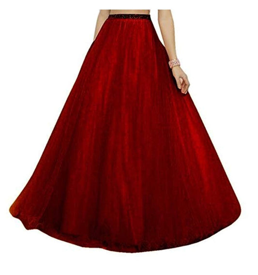 Elegant Women Flared Maxi Net Skirt maroon