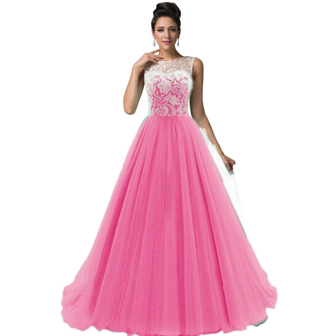 Elegant Women Net Fit & Flare Maxi Dress – Layered Tulle Party & Evening Gown pink
