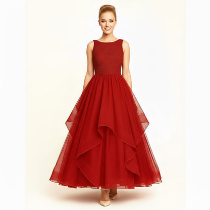 Elegant Women Embellished Sequined Boat Neck Net Fit & Flare Maxi Dress – Party & Evening Gown red