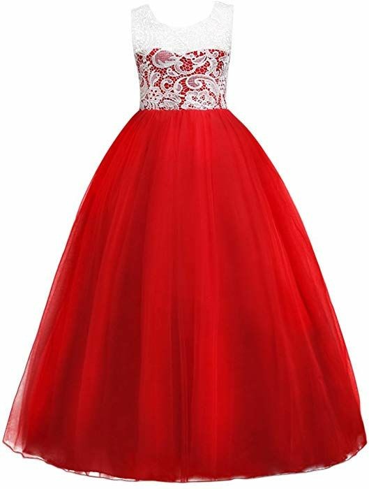 Girls Red & White Lace Princess Party Gown