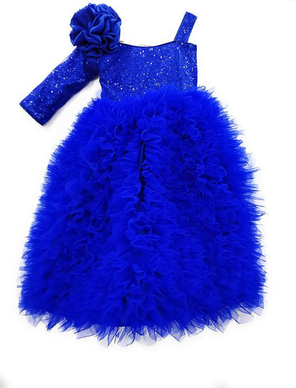 Royal Blue One-Shoulder Fluffy Princess Ball Gown for Girls