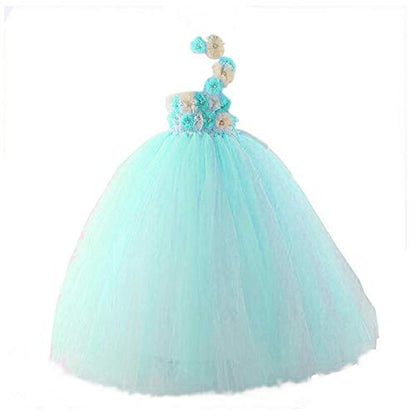 Mint Green One-Shoulder Floral Tulle Dress for Girls
