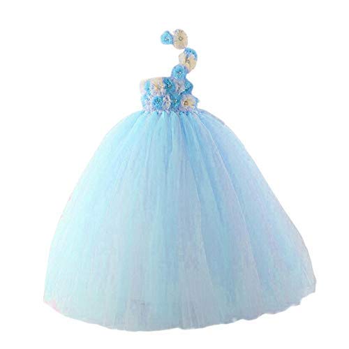 Sky Blue One-Shoulder Floral Tulle Dress for Girls