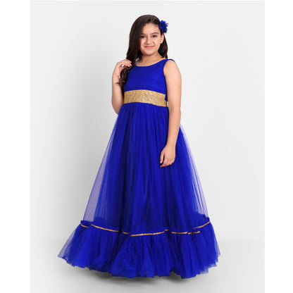 Royal Blue Net Party Gown for Girls with Golden Waist Embellishment