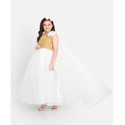 White & Gold One-Shoulder Princess Gown for Girls with Sequin Bodice
