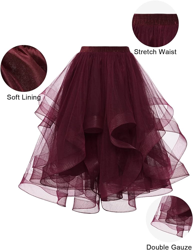 Elegant Women Flared Knee-Length Net Skirt – Layered Tulle Party & Casual Wear deep burgundy