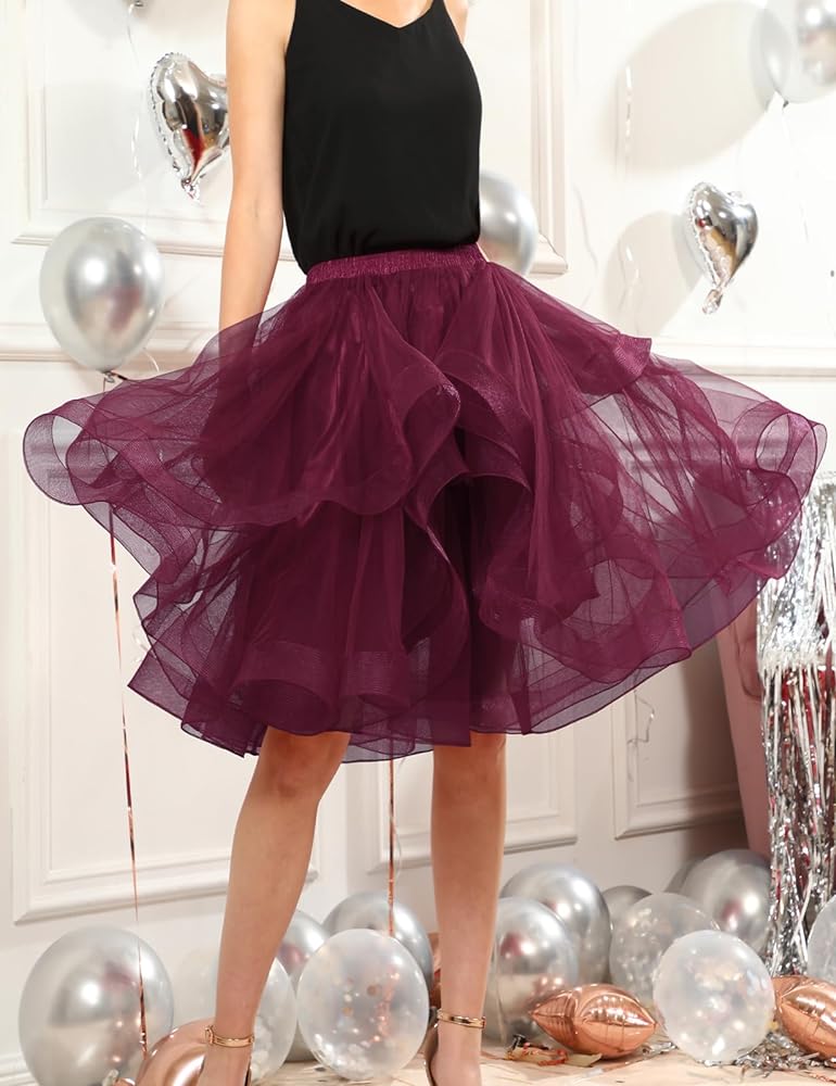 Elegant Women Flared Knee-Length Net Skirt – Layered Tulle Party & Casual Wear deep burgundy
