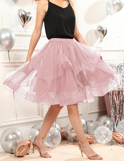 Elegant Women Flared Knee-Length Net Skirt – Layered Tulle Party & Casual Wear baby pink