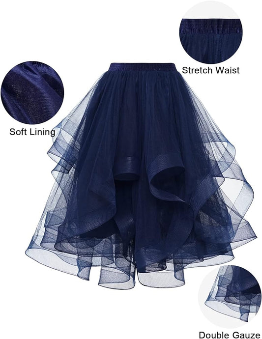Elegant Women Flared Knee-Length Net Skirt – Layered Tulle Party & Casual Wear navy blue