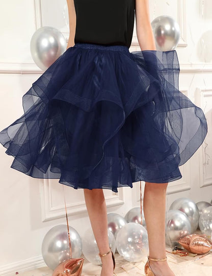Elegant Women Flared Knee-Length Net Skirt – Layered Tulle Party & Casual Wear navy blue