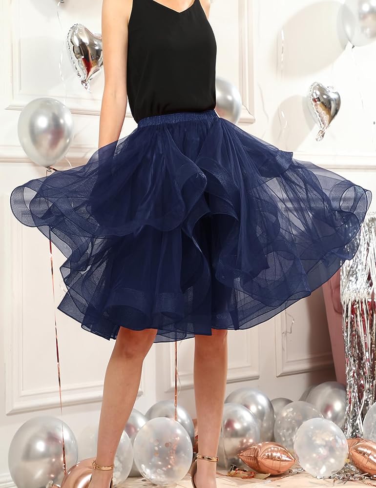 Elegant Women Flared Knee-Length Net Skirt – Layered Tulle Party & Casual Wear navy blue
