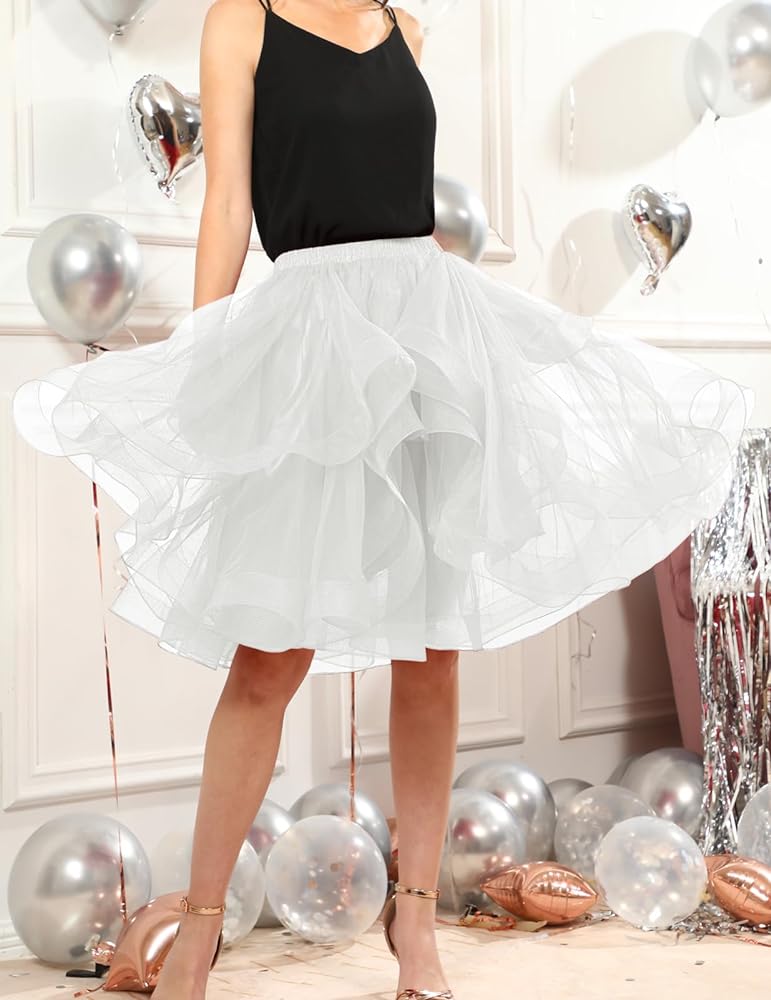 Elegant Women Flared Knee-Length Net Skirt – Layered Tulle Party & Casual Wear white