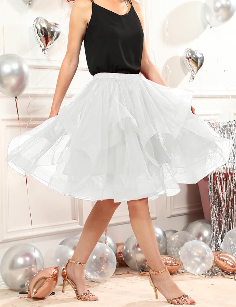 Elegant Women Flared Knee-Length Net Skirt – Layered Tulle Party & Casual Wear white