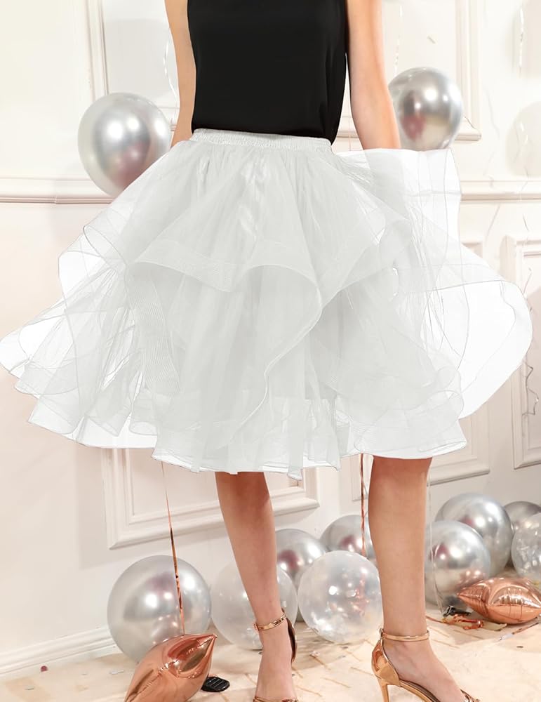 Elegant Women Flared Knee-Length Net Skirt – Layered Tulle Party & Casual Wear white