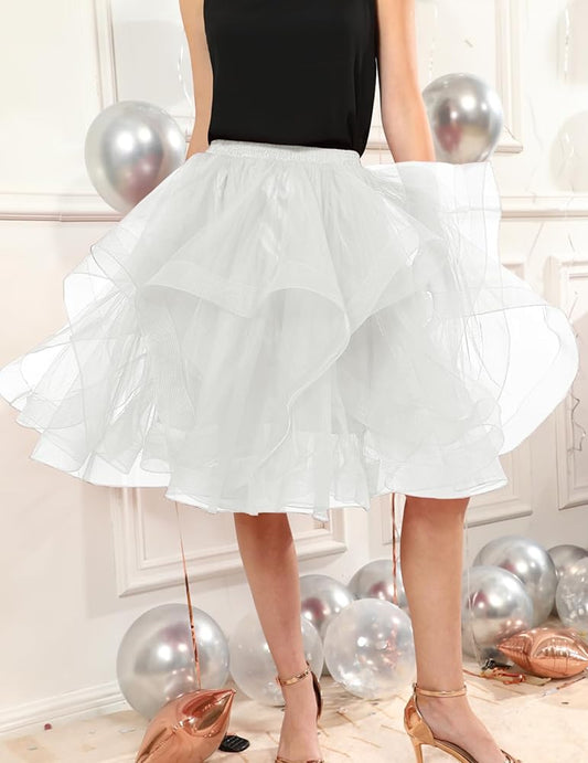 Elegant Women Flared Knee-Length Net Skirt – Layered Tulle Party & Casual Wear white