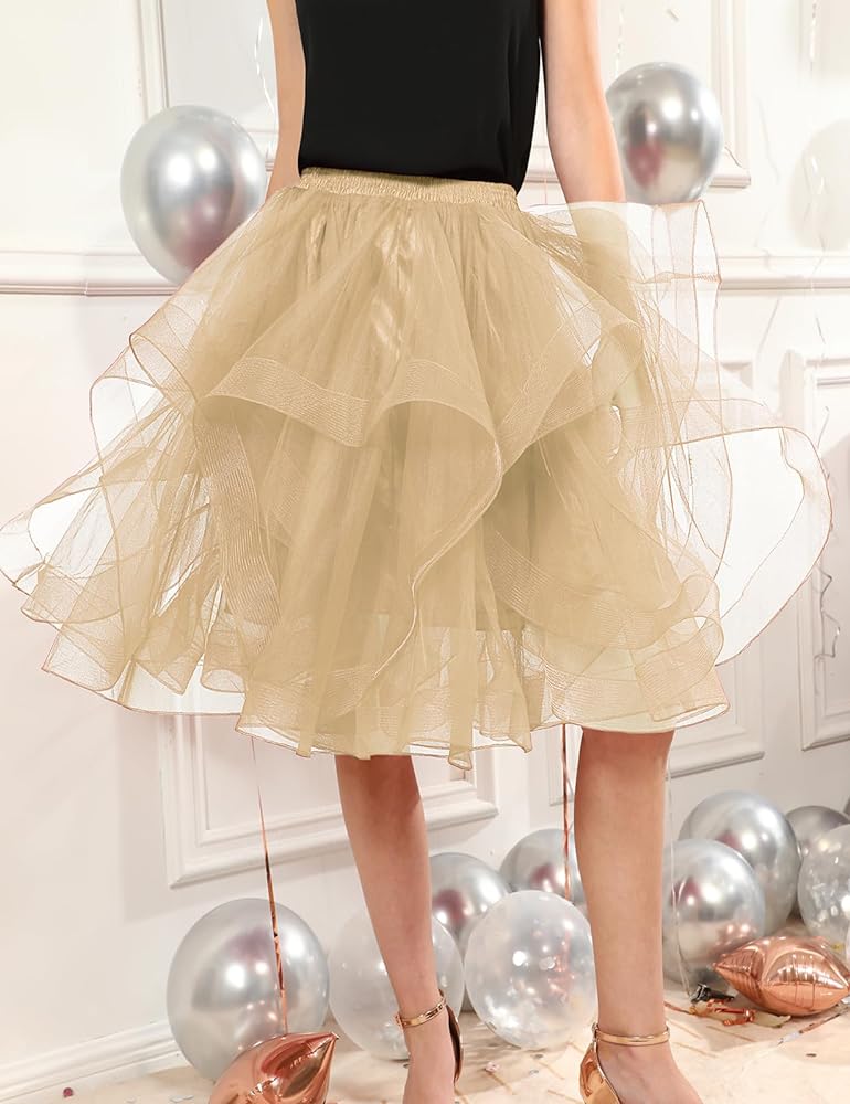 Elegant Women Flared Knee-Length Net Skirt – Layered Tulle Party & Casual Wear beige