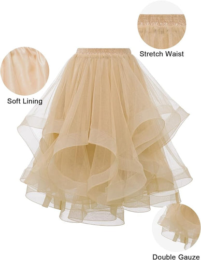 Elegant Women Flared Knee-Length Net Skirt – Layered Tulle Party & Casual Wear beige