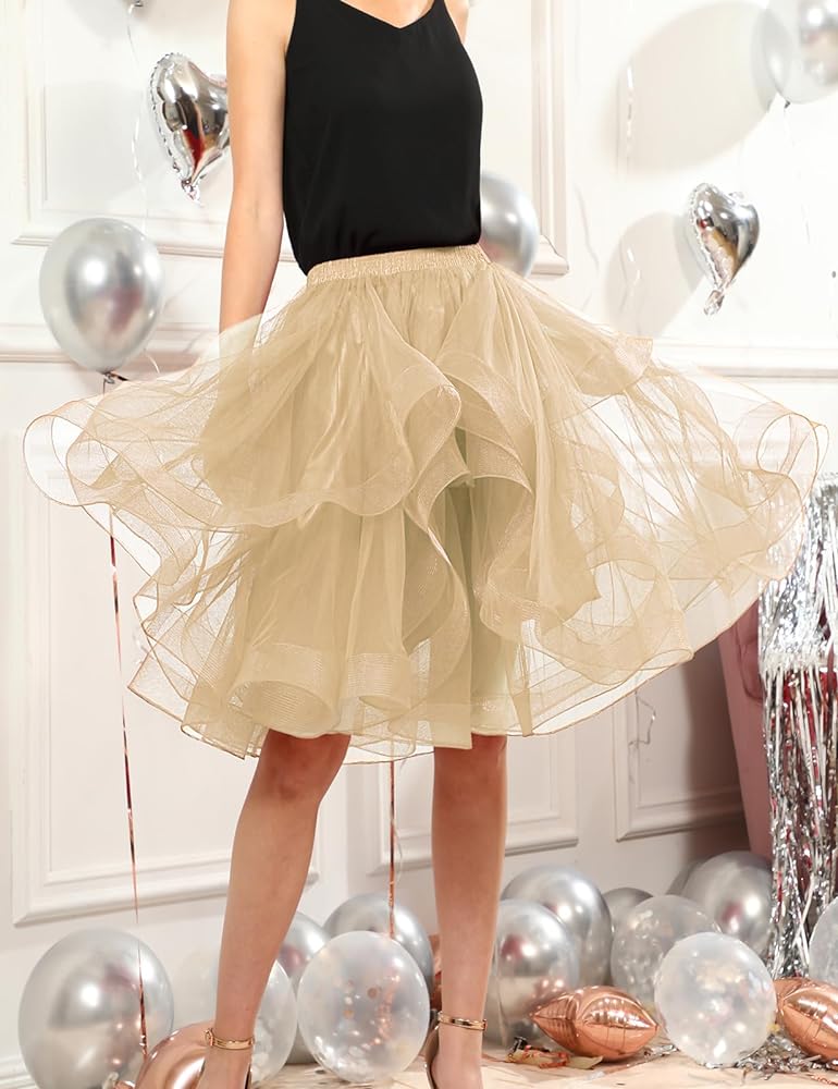 Elegant Women Flared Knee-Length Net Skirt – Layered Tulle Party & Casual Wear beige