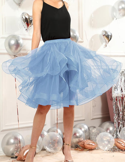 Elegant Women Flared Knee-Length Net Skirt – Layered Tulle Party & Casual Wear blue