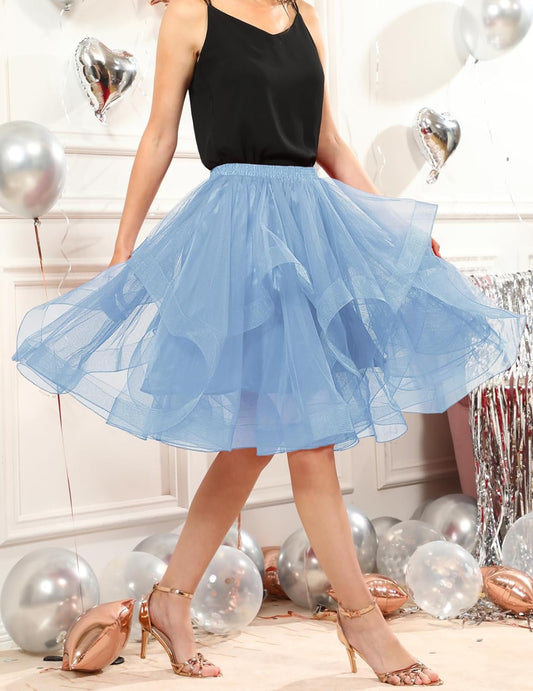 Elegant Women Flared Knee-Length Net Skirt – Layered Tulle Party & Casual Wear blue
