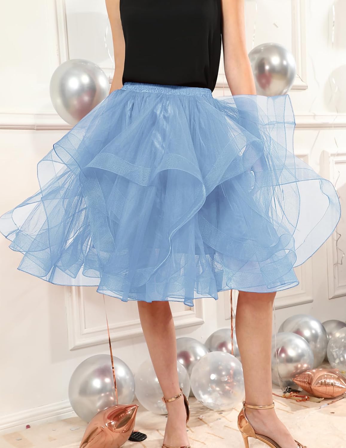 Elegant Women Flared Knee-Length Net Skirt – Layered Tulle Party & Casual Wear blue