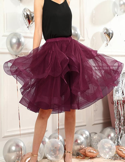 Elegant Women Flared Knee-Length Net Skirt – Layered Tulle Party & Casual Wear deep burgundy