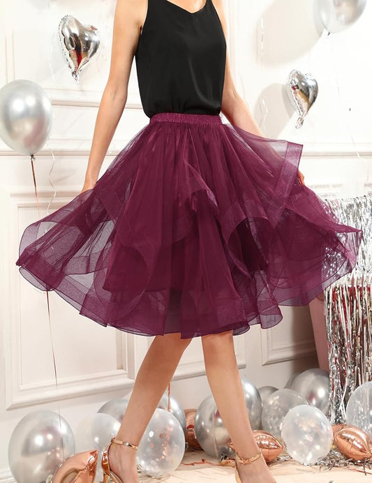 Elegant Women Flared Knee-Length Net Skirt – Layered Tulle Party & Casual Wear deep burgundy