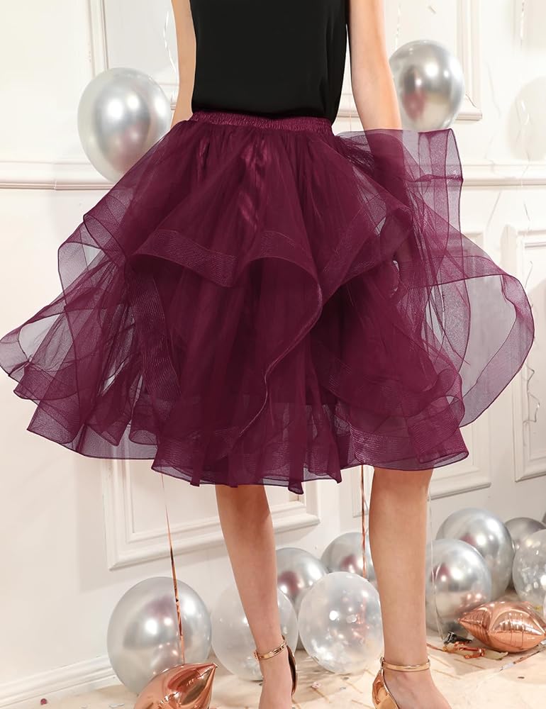 Elegant Women Flared Knee-Length Net Skirt – Layered Tulle Party & Casual Wear deep burgundy