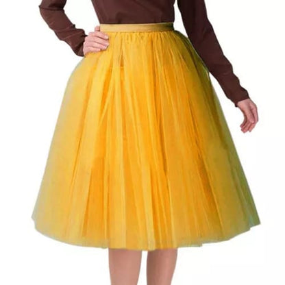 Elegant Women Flared Knee-Length Net Skirt – Layered Tulle Party & Casual Wear yellow
