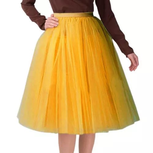 Elegant Women Flared Knee-Length Net Skirt – Layered Tulle Party & Casual Wear yellow
