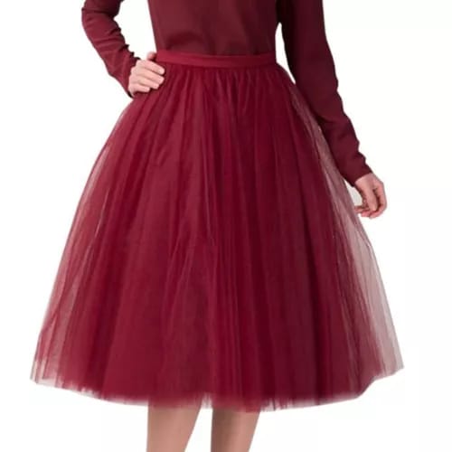 Elegant Women Flared Knee-Length Net Skirt – Layered Tulle Party & Casual Wear maroon