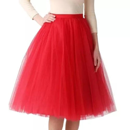 Elegant Women Flared Knee-Length Net Skirt – Layered Tulle Party & Casual Wear red