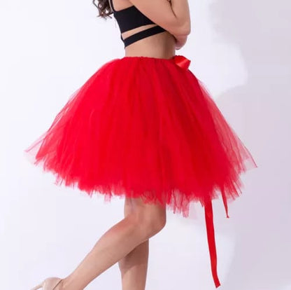 Elegant Women Flared Knee-Length Net Skirt – Layered Tulle Party & Casual Wear red