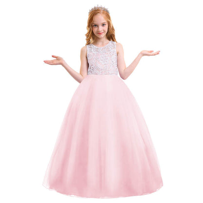Girls Baby Pink Lace Princess Party Gown