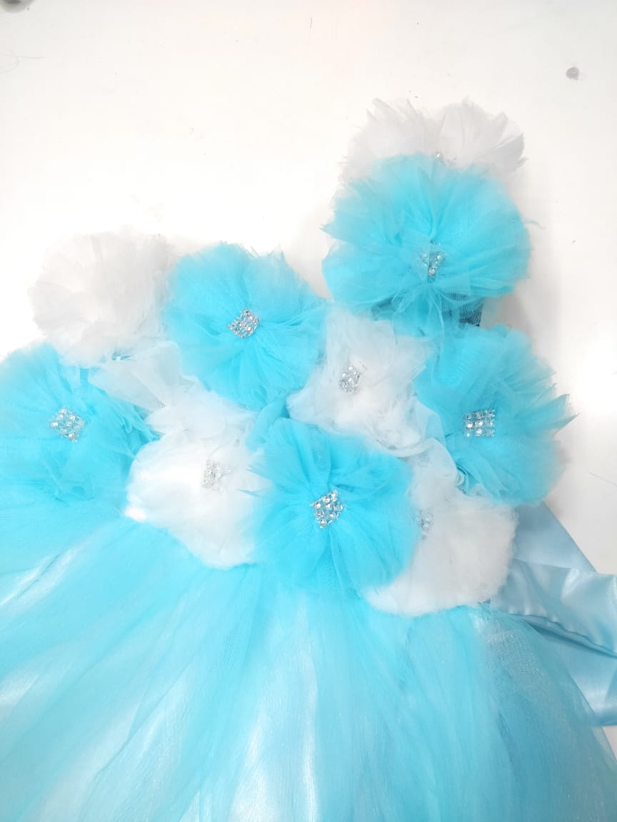 Sky Blue One-Shoulder Floral Tulle Dress for Girls