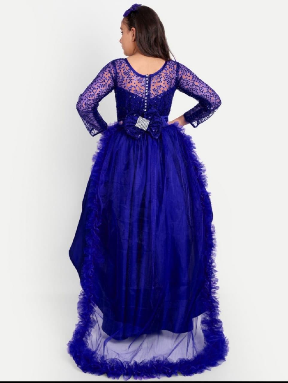 Girls Royal Blue High-Low Party Gown with Lace Sleeves & Layered Flare Design