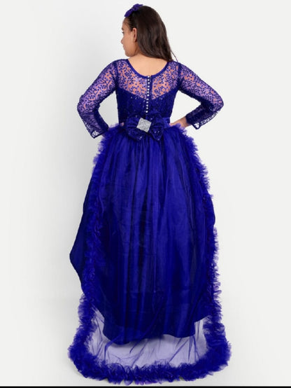 Girls Royal Blue High-Low Party Gown with Lace Sleeves & Layered Flare Design