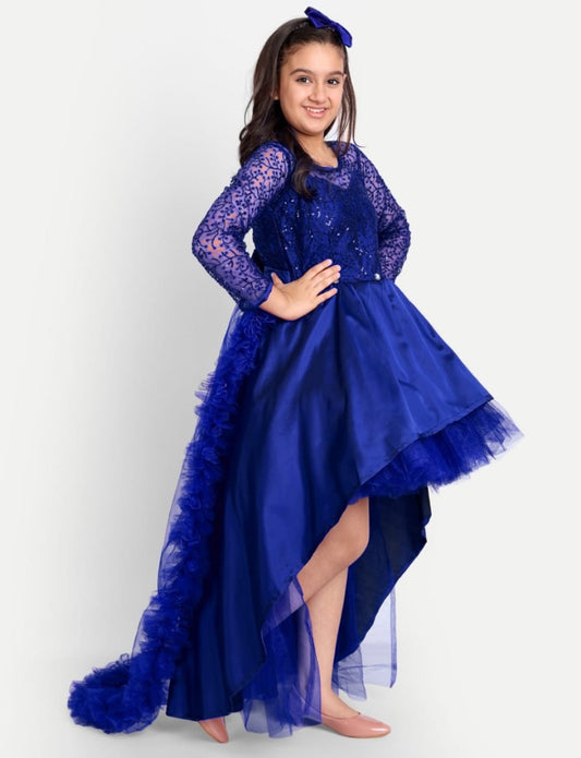 Girls Royal Blue High-Low Party Gown with Lace Sleeves & Layered Flare Design