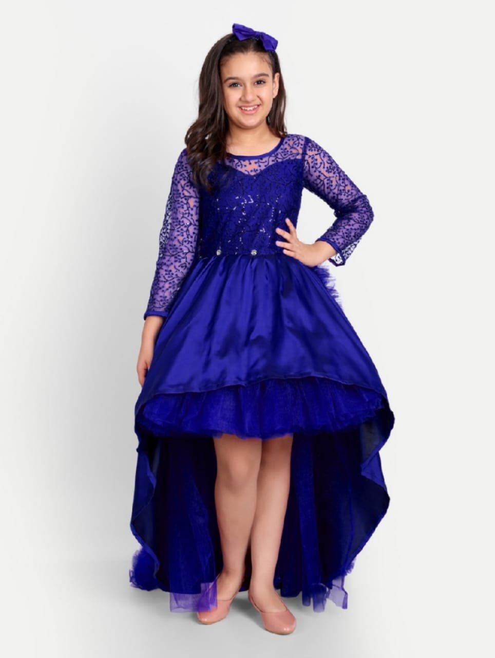 Girls Royal Blue High-Low Party Gown with Lace Sleeves & Layered Flare Design