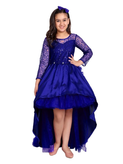 Girls Royal Blue High-Low Party Gown with Lace Sleeves & Layered Flare Design