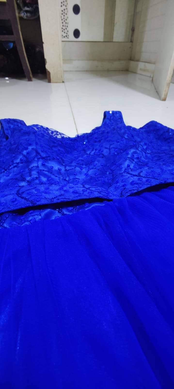 Elegant Women Embellished Sequined Boat Neck Net Fit & Flare Maxi Dress – Party & Evening Gown blue