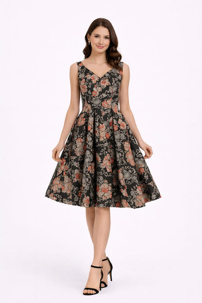 Elegant Women Floral Printed Sleeveless Satin Knee-Length Dress – Chic Casual & Party Wear multicolor
